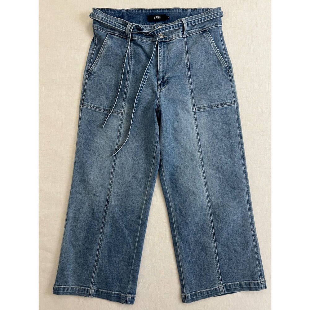 Hudson High-Rise Wide-Leg Front Seam Tie Belt Retro Boho Cropped Jeans Sz 14/34